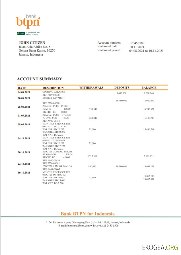 Relevé bancaire indonésien BTPN